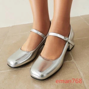 Nuevo 3 Colores Para Mujer Mary Jane Puntera Cuadrada Tacón Medio Bloque Correa al Tobillo Zapatos de salón - Imagen 1 de 21