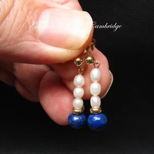 9k 9ct Gold Lapis Lazuli and Pearl Drop Dangle Earrings 2g - Picture 1 of 4