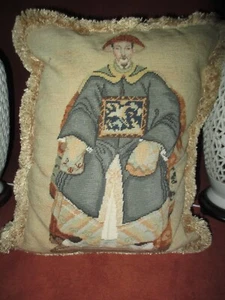 Wool Needlepoint Pillow Chinese Emperor Vertical Cushion with Bush Fringe 18x14 - Picture 1 of 4