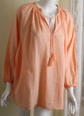 Lands End Sz L Tall LT Peach Peasant Breezy Smocked Linen Blouse Tunic Top - Image 1 of 4