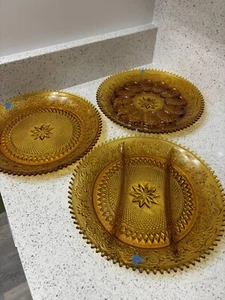 3 Indiana Tiara Amber Sandwich Glass Deviled Egg Divided Serving Tray Sawtooth* - Picture 1 of 10