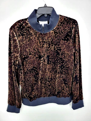 Chaqueta Susan Graver Mujer Grande Negra Marrón Terciopelo Estampado Animal Cremallera Bombardero Foto 1 de 4