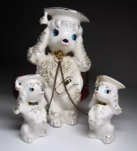 White & Gold Spaghetti Poodle Graduate Figurines - Mom & Pups In Graduation Caps - Picture 1 of 16