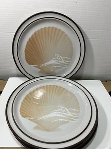 Noritake Seaview 10.5" DINNER PLATES Seashells Stoneware Brown Trim Qty. 4 - Picture 1 of 12