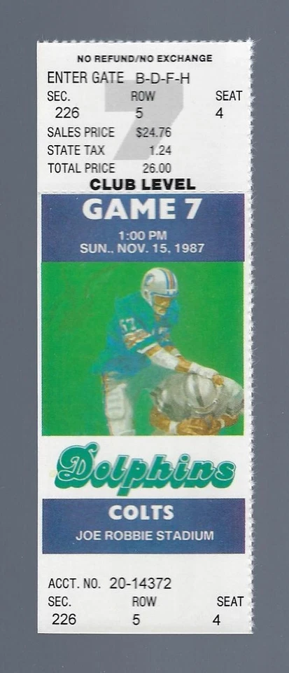 vintage 1987 NFL COLTS @ MIAMI DOLPHINS FULL UNUSED FOOTBALL TICKET - DAN MARINO - Image 1 of 1