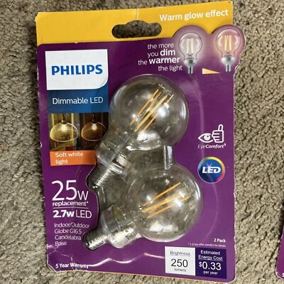 B16- Philips Warm Glow G16.5 Candelabra Dimmable LED Soft White Light Bulb 2 pk - Image 1 of 3