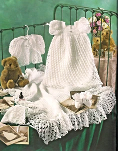Christening Sets him her: baby gown lacy sweater bonnet booties crochet patterns - Picture 1 of 2