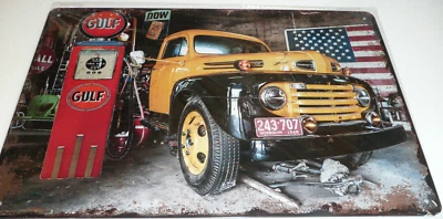 Plaque Métal Tôlée Vintage 20 X 30cm CAMION US POMPE GULF Neuf