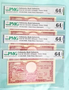 4 Consecutively banknotes Indonesia 50 Rupiah 1957 P-50 PMG-64 EPQ Choice UNC - Picture 1 of 6