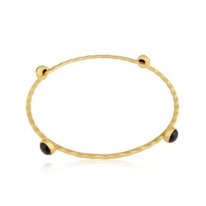 18ct Yellow Gold Plated Black Onyx Multi Gemstone Thin Hammered Bangle Bracelet - Picture 1 of 4