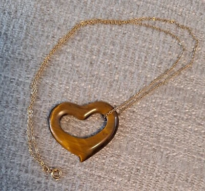 Collar Colgante Corazón Natural Ojo de Tigre Piedra 18" Tono Oro Cadena Foto 1 de 4
