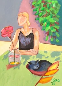 Girl and Black Cat Original Painting Pet Modern Art 8.3x5.8" Animal Minimalist - Picture 1 of 3