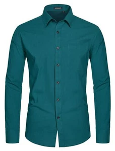 HISDERN Mens Teal Dress Shirts Dark Blue Button Down Cotton Long Sleeve Shirts - Picture 1 of 8