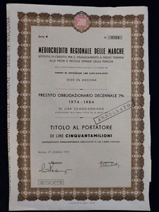 ANCONA 1973^ MEDIOCREDITO REGIONALE MARCHE * BOND DI 50 MILIONI DI LIRE AL 7% - Foto 1 di 2