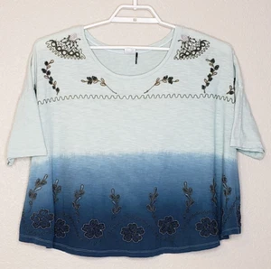 AKEMI+KIN Top Large Short Sleeve Ombre Blue Scoop Neck Oversized Blouse Beaded - Picture 1 of 4