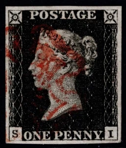 1840 1d Black Pl 1b SI 4m Light Red MX Variety Line Through S VFU Cat. 450,00 £ - Bild 1 von 1