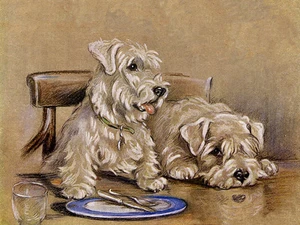 SEALYHAM TERRIER CHARMING DOG GREETINGS NOTE CARD TWO SWEET DOGS SIT AT TABLE - Picture 1 of 1