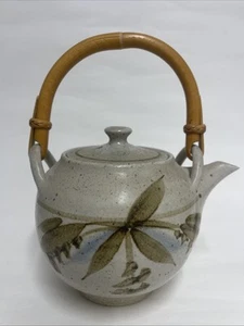 Vintage Pottery Tea Pot cane handle Japanese Free Style Brushwork Stoneware - Picture 1 of 12