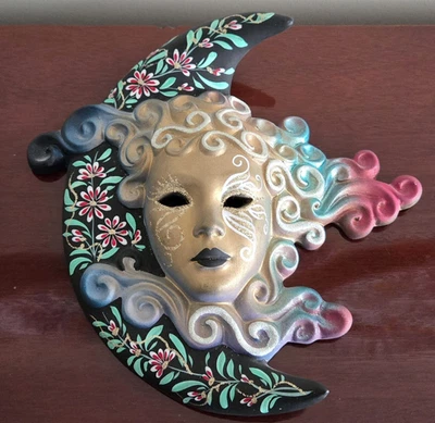 Hand-Painted Celestial Ceramic Decorative Hanging Wall Mask Made in Italy Signed - Image 1 of 4