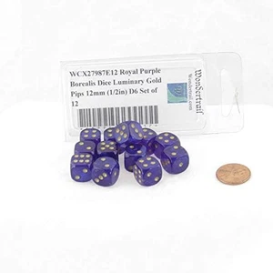 Royal Purple Borealis Dice Luminary with Gold Pips 12mm (1/2in) D6 Set of 12 - Picture 1 of 1
