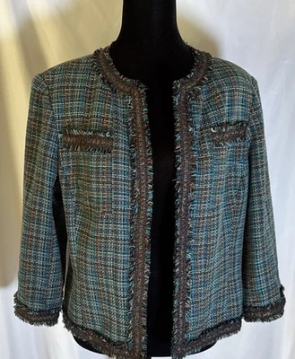 Chaqueta de tweed vintage antracita talla 12 multicolor azul/marrón con ribete de cuero sintético Foto 1 de 4