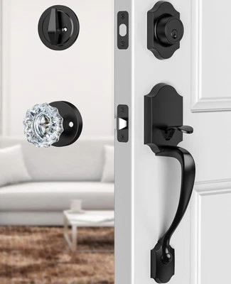 Black Front Door Handle and Deadbolt Set Lock with Crystal Glass Knob Entry - Image 1 of 4