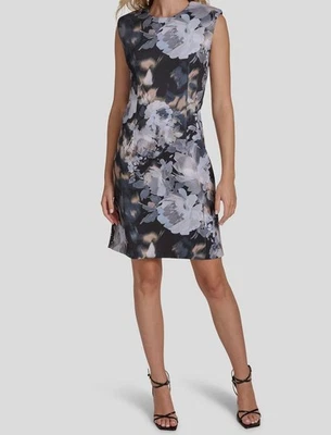 Calvin Klein Women's Black Floral Scuba Cap-Sleeve Sheath Petite Dress Size 2P - Image 1 of 4