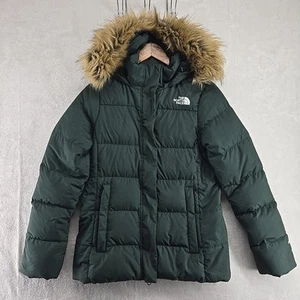 The North Face Goose Down Puffer Bomber Jacket 550 Hooded Fur Womens Size Medium - Picture 1 of 14