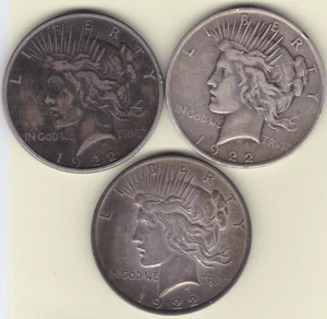 VINTAGE AMERICAN 1922-P Liberty Peace Dollar 90% Silver US Coin Lot of 3 - Picture 1 of 2