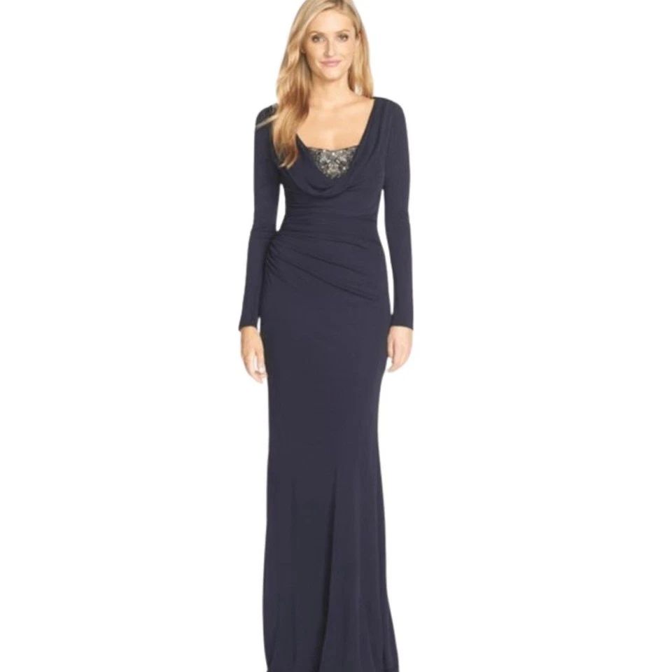 David Meister NWT Midnight Blue Long Sleeve Evening Gown Size 16 Body Contouring - Image 1 of 4