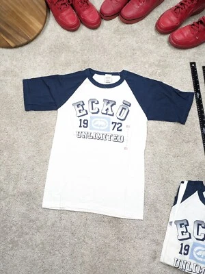 Camisa pequeña ECKO Unltd para hombre Raglán Crew blanca azul stock muerto años 90 Y2K nueva sin etiquetas nueva en caja Foto 1 de 4