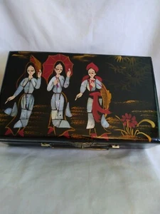 Vintage Schwarz Lack Perlmutt Spiegel Schmuckkästchen. Spiegel ist defekt. Gebraucht - Bild 1 von 11