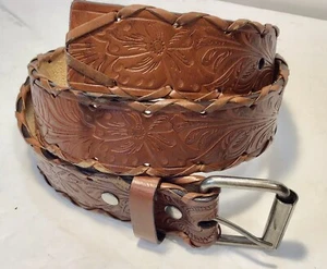 VINTAGE HAND TOOLED LEATHER BELT,  RETRO,HAND CARVING WITH WOVEN LEATHER SZ 32 - Picture 1 of 3