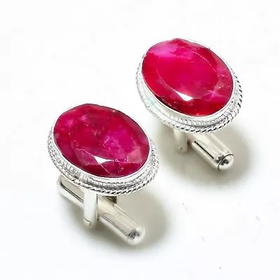 Kashmiri Ruby Lab Created Gemstone .925 Sterling Silver Jewelry Cufflinks - Image 1 of 4