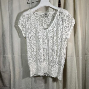 Ariat Women's Sheer White Lacey Blouse Size XL Short Sleeve Gathered Elastic Hem - Picture 1 of 6
