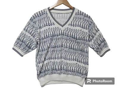 Sz S Vintage 70s-80s Mens SAILBOATS V-Neck Short Sleeve Jersey Knit Off White - Image 1 of 4