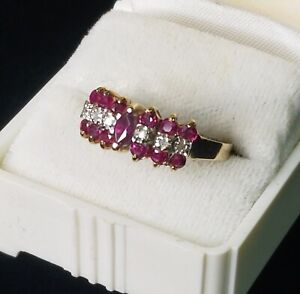 10k Yellow Gold Pyramid Ring Band Marquise Ruby Diamond Cocktail Size 6.25 VGT