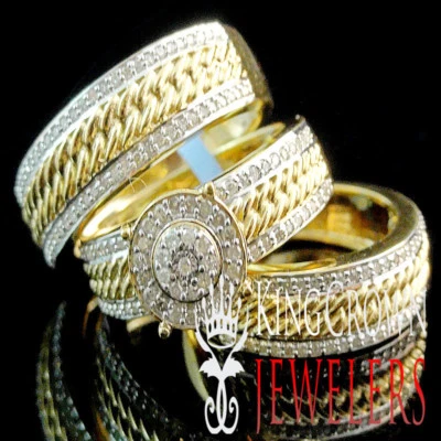 Conjunto de trio de anéis de casamento de noivado de diamante genuíno real 1,00 ctw acabamento em ouro 10K - Imagem 1 de 4