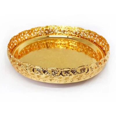 Paandan Tray Plate Gold Plated Serving Round Decorative Mirror Polished Tray - Image 1 of 4