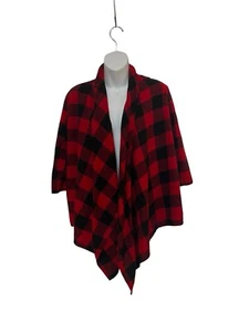 Red And Black Plaid Poncho Cape Coat Wrap Open Front Cardigan Medium - Picture 1 of 9