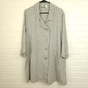 Flax 100% Linen Blue Green Checkered Long Line Jacket Oversize Buttons Lagenlook - Picture 1 of 6