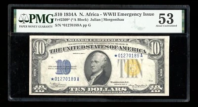 DBR 1934-A $10 North Africa Silver STAR Fr. 2309* PMG 53 Serial *01270189A - Image 1 of 2