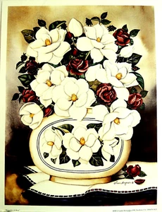 MAGNOLIA FLOWER PICTURE RED ROSES STILL LIFE LAURIE KORSGADEN PRINT 13X17 - Picture 1 of 2