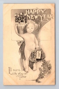 Feliz Año Nuevo Baby Bucket of Cheer I'll Sure Be With You On Time c1915 Postal - Imagen 1 de 2