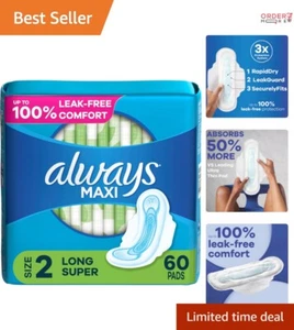 Unscented Maxi Pads with 3X Protection, Size 2 Long, 60 Count - FSA Eligible - Picture 1 of 11