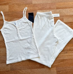 Brandy Melville Pajama Set Pink Hearts White Button Tank Top Eyelet Lounge Pants - Picture 1 of 8