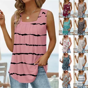 Womens PRINT Sleeveless Blouse Summer Loose Tank Vest Tee Shirts Pleated Tops UK - Picture 1 of 19