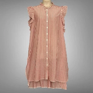 Cato Womens Dress 26/28W Red Stripe Sheer Ruffle Button Up Tunic Cottage Beachy - Picture 1 of 13