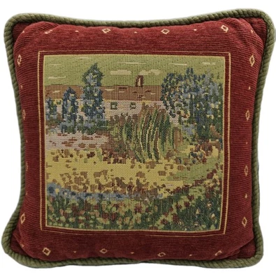 Vtg Woven Tapestry Decorative Throw Pillow 12” x 11” Red Green Landscape Scenic - Image 1 of 4