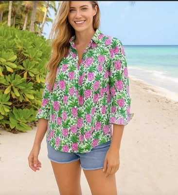 Camisa Charter Club Lujo M Lino Abotonada Top Estampado Piña Informal Tropical Foto 1 de 4